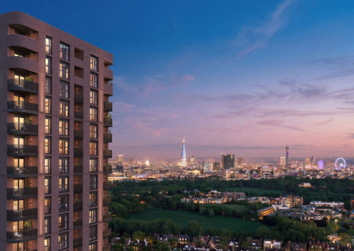 100 Avenue Road dış cephe ve Londra silüeti, Swiss Cottage